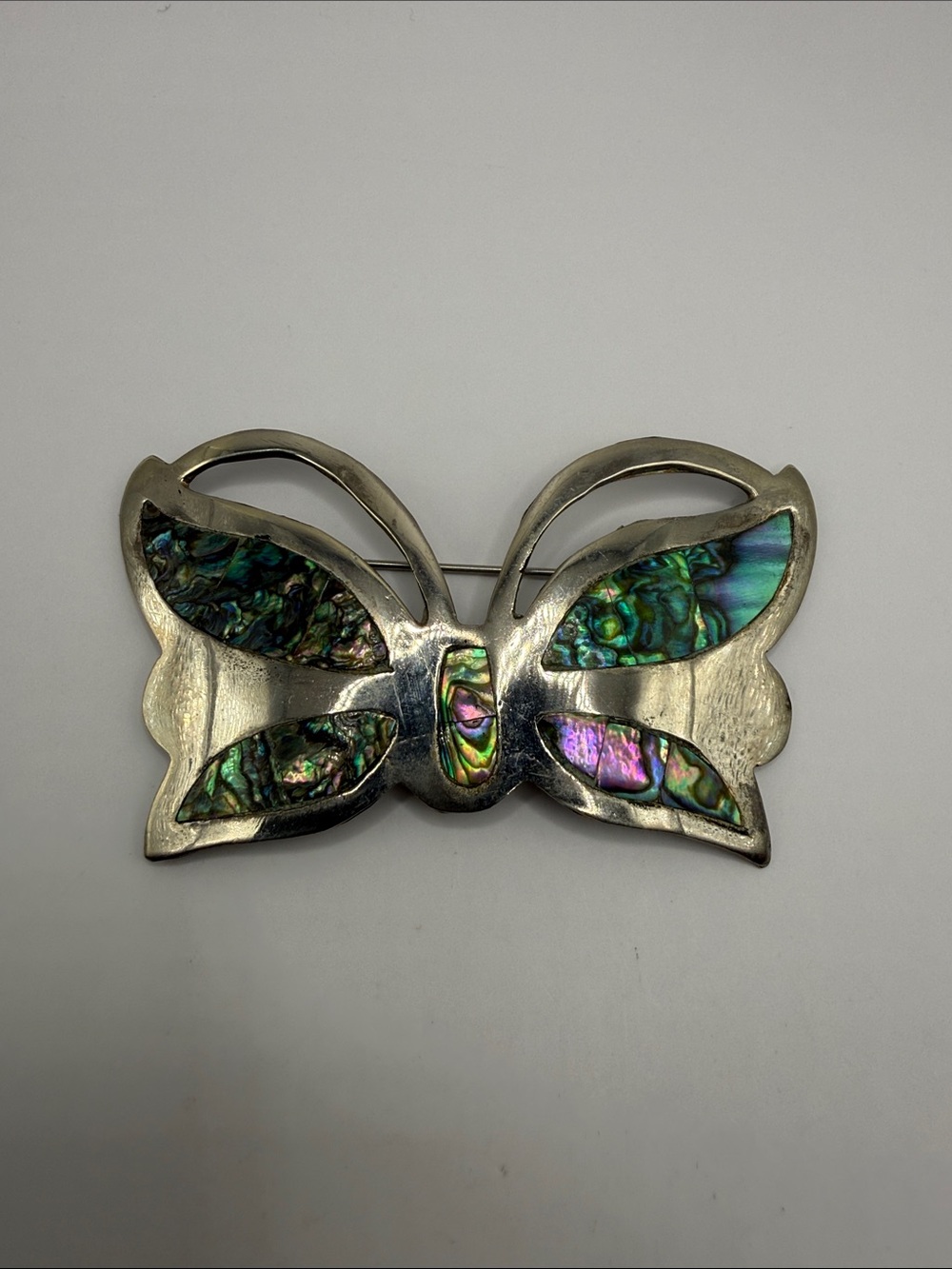 Vintage Alpaca Mexico Silver Abalone Large Butterfly Statement Brooch Pin